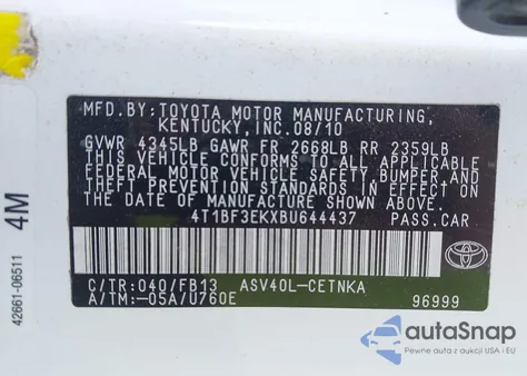 2011 Toyota Camry Le из США, поврежденный, VIN 4T1BF3EKXBU644437